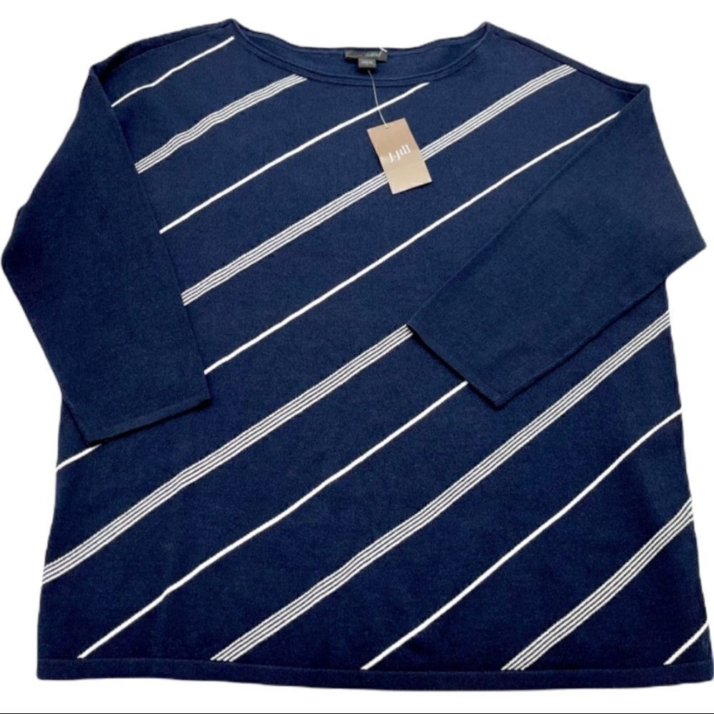 NWT J. Jill Navy/Cream Diagonal Stripe Crew Neck Top Size Small